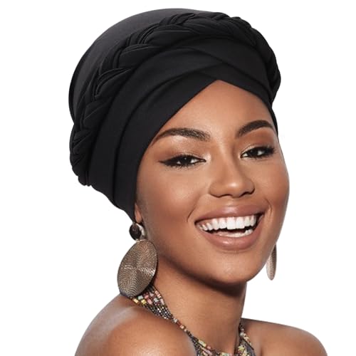 African Women Turban Caps Pre-Tied Twisted Turbans Head Scarf for Women Hair Wraps Cover Beanie Cancer Chemo Headwear - color: 1 Pack Twisted Braid A: Black