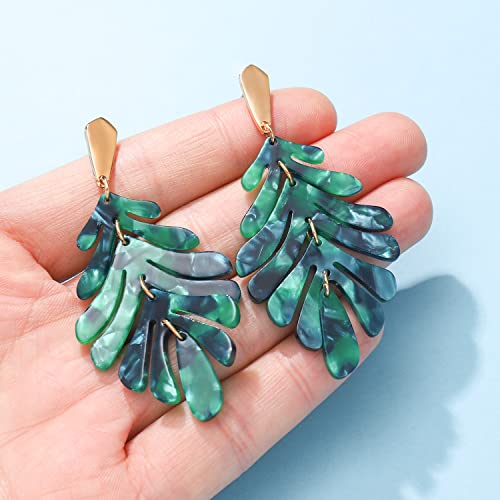 ARATLENCH Acrylic Pendant necklace Earrings – Long Statement Leaf Charm Necklace Tortoise Resin Palm Leaf Earrings Fashion Necklaces Earrings for Women - color: green-earrings