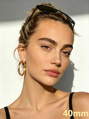 Bestyle 5mm Thick Gold Hoop Earrings Hypoallergenic Hoops for Sensitive Ears Trendy Lightweight Chunky Earrings for Women 30/40/60/80mm - color: 01-Gold, size: 40mm