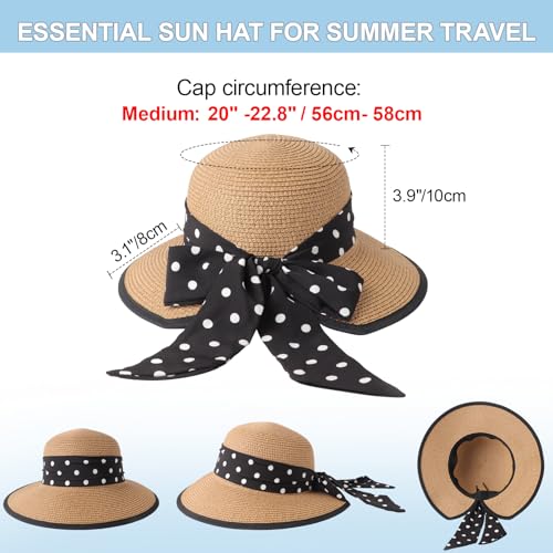 DRESHOW Sun Hats for Women Travel Fedora Foldable Beach Sun Hat Summer Wide Brim Straw Bucket Hat with Bowknot UPF 50+ - color: 1 Pack Bowknot Straw Hat: Khaki (Black Polka Dot Band)