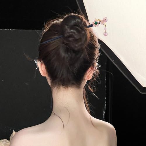 6 Pack Vintage Wooden Hair Sticks for Women, Handmade Chinese Flower Hairpins with Bead Pendants, Traditional Japanese Hair Chopsticks for Buns, Retro Hair Styling Accessories - color: Pink
