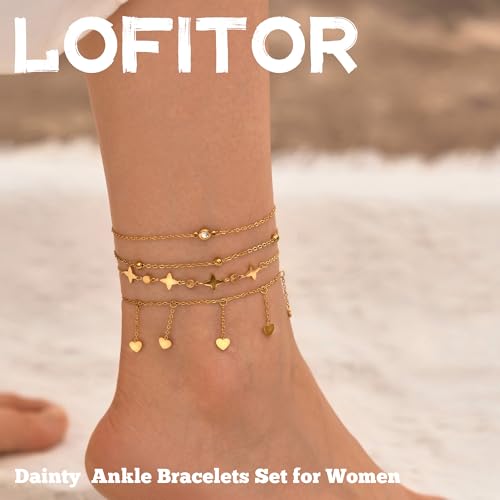 LOFITOR Ankle Bracelets for Women Glitter Waterproof Adjustable Anklet Set for Women 18K Gold Plated Silver Charm Dainty Layered Anklets, Summer Beach Anklet Jewelry for Women - style: Heart Gold