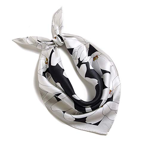 ANDANTINO 100% Mulberry Silk Scarf -21” Square Neckerchief with Gift Packed - color: Black&white Flowers