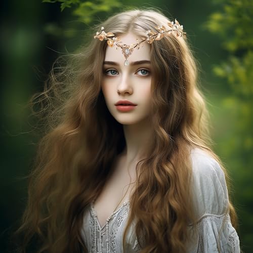 Vivivalue Golden Fairy Crown Flower Headband Elf Floral Headpiece Hair Wreath Woodland Forest Even Circlet for Women Halloween Renaissance Wedding Bridal Cosplay Prom Photo - color: golden