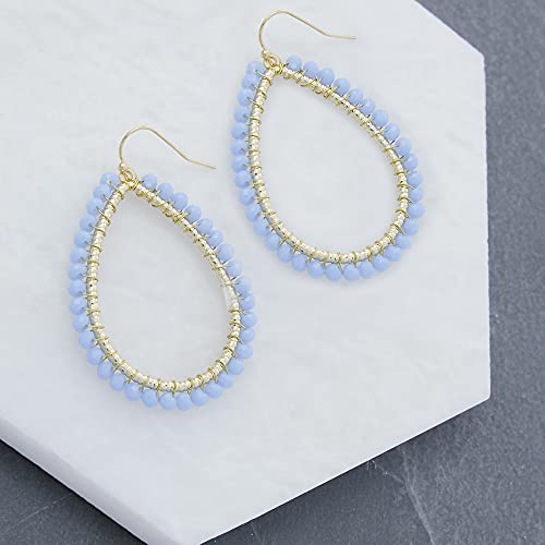 Bohemian Boho Teardrop Dangle Drop Earrings for Women – Delicate - Handcrafted Wire Wrapped Colorful Faceted Glass Beads – Gold Plated – with Gift Box Included - color: Lt Sapphire Blue