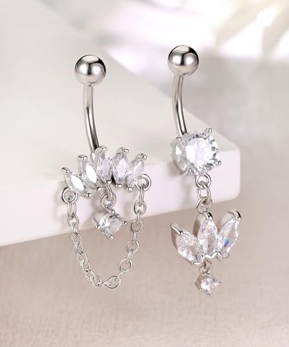Shakalaka Dangle Belly Button Rings Piercing Jewelry for Women Surgical Stainless Steel Navel Dangly - color: Silver