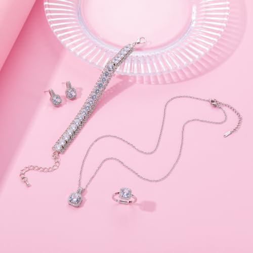 Paxuan 4pcs Cubic Zirconia Wedding Jewelry Sets for Bride Bridesmaid Cubic Zirconia Pendant Necklace Earrings Link Tennis Bracelet Open Ring Set for Women - color: Platinum Plated White Cubic Zirconia