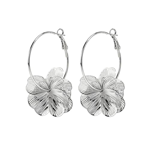 Gold Silver Filigree Floral Dangle Earrings for Women, Long Drop Statement Earrings for Vintage Wedding Jewelry - style: Silver Floral Hoop Earrings