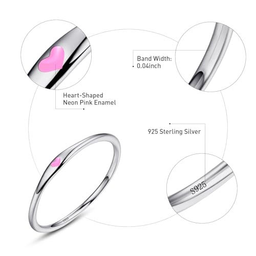 925 Sterling Silver Heart Ring for Women, 1mm Ultra Thin 14K Plated Gold Hypoallergenic Wedding Band with Black/Yellow/Red/Blue/Pink Love, Promise Stack Travel Jewelry Gifts Size 5-10 - color: G-Silver-Pink