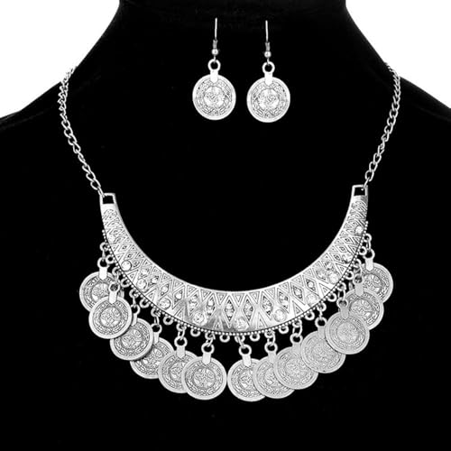 FUTIMELY Chunky Coin Necklace Earrings Set,Bohemia Plated Gold Coin Tassel Personalized Choker Earrings,Ethnic Gypsy Statement Jewelry Set for Women - color: Silver