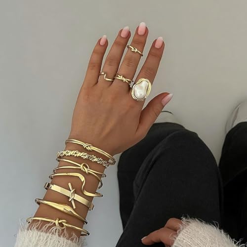 Boho Red Heart Gold Band Rings Pearl Ring, Dainty Adjustable Statement Rings, Open Wrap Stackable Finger Ring Gold Fashion Jewelry Gifts for Women - color: Gold Ring - Pearl