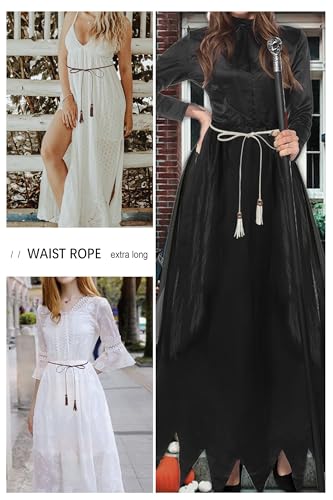 TeeYee Waist Belt Woven Knitted Rope/Chain PU leather 3 Pieces Tassel Rope Skinny Belt - color: 258blacktanwhite