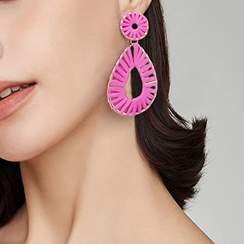 Raffia Teardrop Dangle Earrings Handmad Statement Drop Earrings - color: Hot Pink