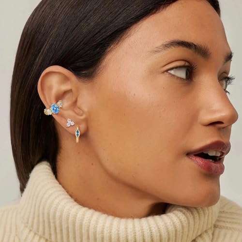 MEVECCO Ear Cuff Non Piercing for Women 18K Gold Plated Dainty Ear Cuff Earring Stacks Cartilage Clip On Wrap Huggie Minimalist Fake Piercings Open Hoops Jewelry Gifts - style: oval-blue