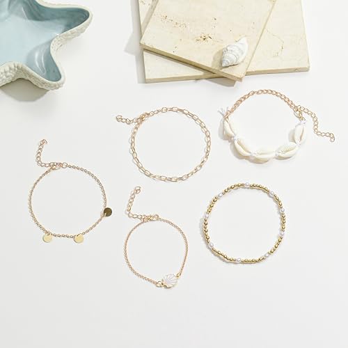 Shell Ankle Bracelets Set for Women Boho Bead Anklets Hawaiian Summer Beach Seashell Pearl Disc Puka Cowrie Conch Foot Chain Jewelry Gifts Gold Tone Adjustable - style: Disc