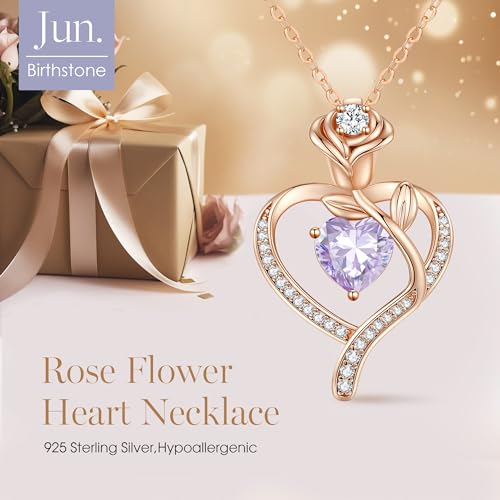 LOUISA SECRET Rose Flower Heart Birthstone Necklaces for Women, 925 Sterling Silver Jewelry, Pendant Heart Necklaces Birthday Anniversary Christmas Gift for Women Wife Mom Girlfriend Lady - color: Rose Gold-06-Jun