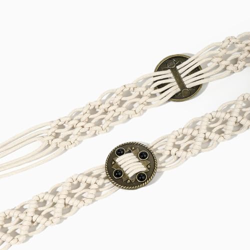 Women Braided Waist Belt Boho Woven Belt with Wooden Beads and Ring Clasp Vintage Long Tassel Rope Tie Belt for Dress - color: Beige 2