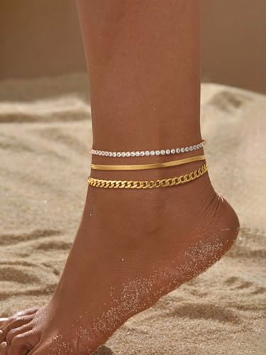 FindChic Black/Silver/Gold Plated Anklets Set of 2PCS/3PCS Herringbone Chain Cuban Link Heart Charm Sparkling Tennis Ankle Bracelets, Waterproof Summer Foot Jewelry for Beach - color: 06. Gold-3PCS Herringbone & Tennis & Cuban