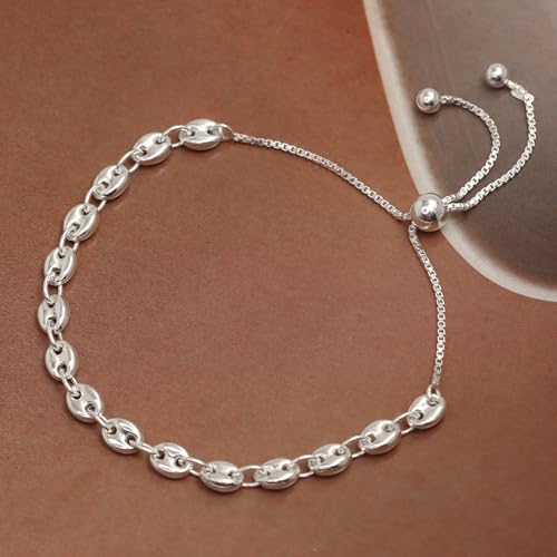 LeCalla Pure 925 Sterling Silver Italian Paperclip Link Chain Bracelets | Gold Over Silver Paper-Clip Link Station Bracelet | Sliding Bolo Bracelet for Women - color: Puffy Mariner Link Bolo