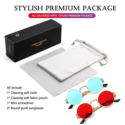 AIEYEZO Round Steampunk Sunglasses for Men Women Retro Circle Hippie Glasses Metal Frame 100% UV Blocking Lens - color: 2 Pack (Gold/Blue Mirror, Gold/Red)