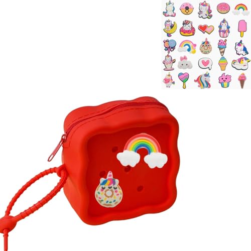 Soft Silicone Zipper Coin Purse Lovely Cartoon Hole Design Miniature Wallet Children's Storage Pouches Organizers For Kid with 25pcs DIY Charms (Red) - color: Red