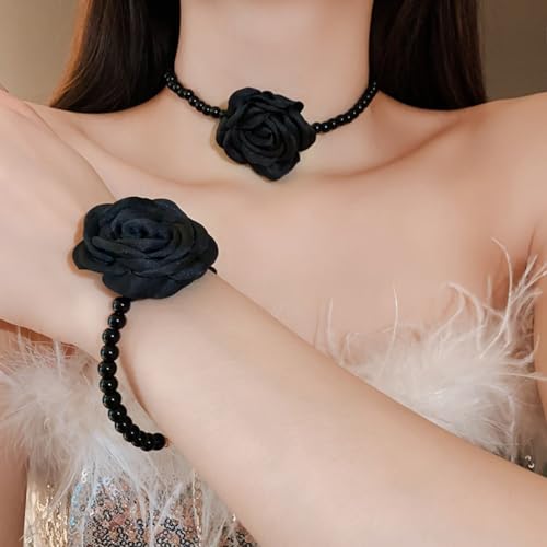 Vintage Imitation Pearl Bracelet with Rose Flower Charm Dainty Pearl Wrist Band Boho Rose Hand Accessories for Women Bridal Wedding Prom Festival - color: Black
