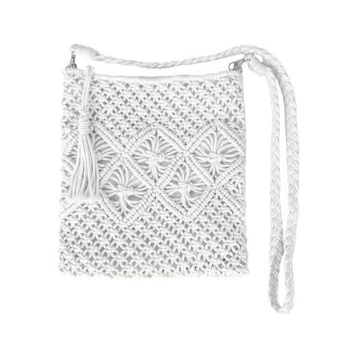 Eiyye Handmade Crochet Purse Boho Cotton Rope Crossbody Shoulder Bag with Tassel Casual Bag for Women - color: Off White-vertical