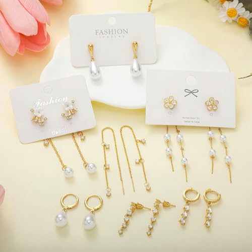 Nosiny 8 Pairs Gold Dangle Pearl Drop Earrings Set for Women Long Tassel Threader Chain Flower Sparkling Cz Threader Drop Earring Chain Wedding Bridal Earring Set for Women Trendy