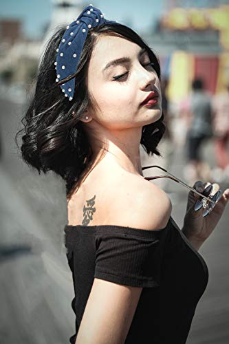 Denim Blue Knotted Headband for Women with Pearls is a Comfy Year-round Pearl Headbands for Women Wearable All Day Fashion Designer Dark Blue Jean Girls Head bands Top Knot Thick for Hair - color: Blue Denim White Pearl