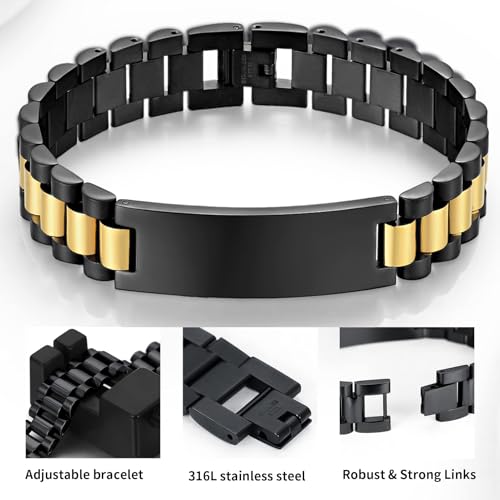 Custom Mens Bracelet Personalized Watch Band Engraved Name Bracelets for Men Customized ID Cuff Wristband Gift for Dad Husband - style: Black&Gold-1.0cm