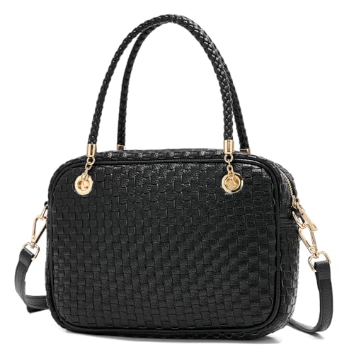 Chic Woven Crossbody Camera Bag, Soft Vegan Leather Purse with Designer Look & Braided Handle - color: Black