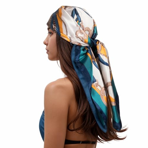 RIIQIICHY Head Scarf for Women Like Silk Scarf Hair Scarf Printed Square Scarf Bandanas for Women 35 Inches - color: Navy/Turquoise/Tan