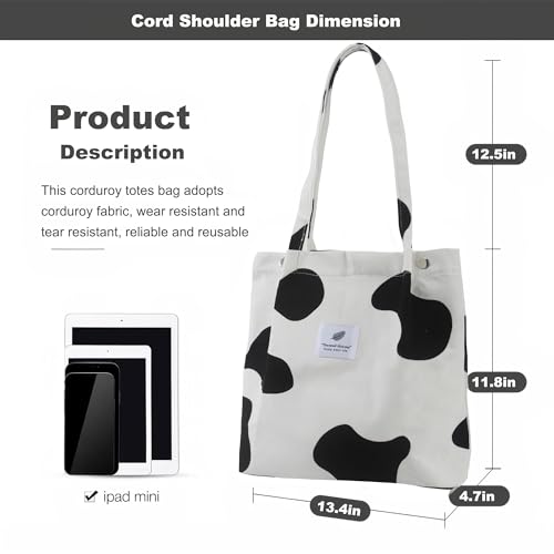 Corduroy Tote Bag for Women Small Canvas Shoulder Purse Cord Handy Bag with Inner Pocket | with Front Pocket - color: 03 Cow