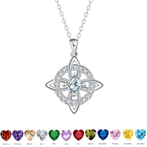 Mystical Birthstone Witches Knot Necklace – Natural Crystal Celtic Pendant, Wiccan Pagan Jewelry Gift for Women - color: February