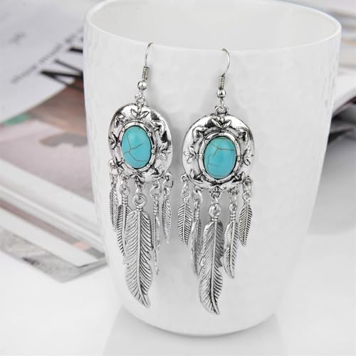 Boho Turquoise Drop Earrings Retro Long Copper Feather Tasse Metal Leaf Dangle Earrings Vintage Country Western Jewelry Cowgirl Ethnic Style Geometric Concert Festival Accessories for Women - color: Turquoise Feather