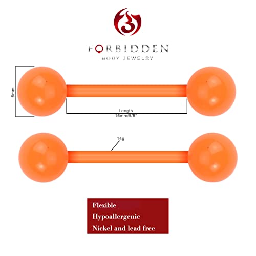 Forbidden Body Jewelry Nipple Rings, Tongue Rings, Nipple Piercing Jewelry, Nipple Jewelry, Flexible Acrylic Barbell Set 14G 16mm (5/8 Inch), 3 Pack - style: Orange