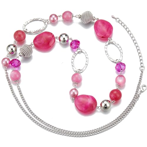 BULINLIN Beaded Long Necklace for Women Silver Sweater Chain Necklace with Crystal Resin Beads, Fashion Jewelry Necklace - color: Hot Pink