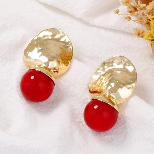 Red Ball Dangle Earrings for Women Boho Hammered Round Circle Bead Statement Charms Drop Earrings Fashion Christmas Holiday Festival Dress Accessories Jewelry Gifts - color: Gold
