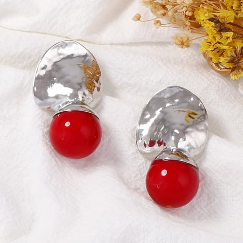 Red Ball Dangle Earrings for Women Boho Hammered Round Circle Bead Statement Charms Drop Earrings Fashion Christmas Holiday Festival Dress Accessories Jewelry Gifts - color: Silver