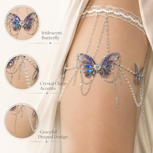 Butterfly Leg Chain for Women Green Butterfly Thigh Jewelry Lace Garter Body Chain Fairy Festival Party Outfit Accessory Gift - color: A2:leg chain