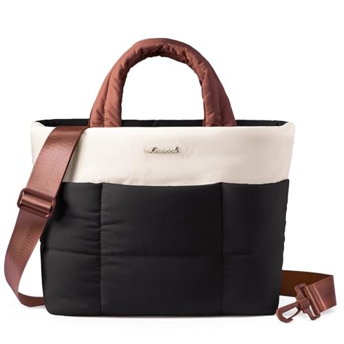 LOVEVOOK Small Tote Bags for Women, Puffer Purse and Handbags, Mini Crossbody Puffy Top Handle Shoulder Satchel Bag - color: Black-beige-brown, size: 11.5 Inch