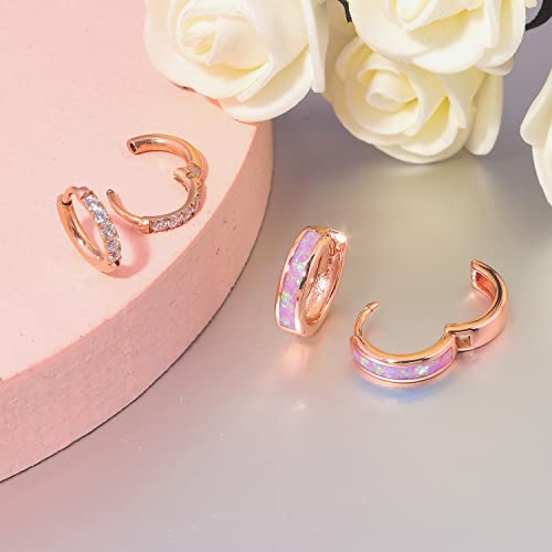 CiNily Huggie Earrings Opal Hinged Hoop Earrings Gold Plated Hypoallergenic Small Hoop Earrings for Women Teen Girls Men Sensitive Ears - color: Pink-Rose Gold