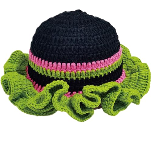 KORADI Womens Crochet Bucket Hat Ruffled Brim Knitted Hats Winter Boho Handmade Caps - color: Black&green