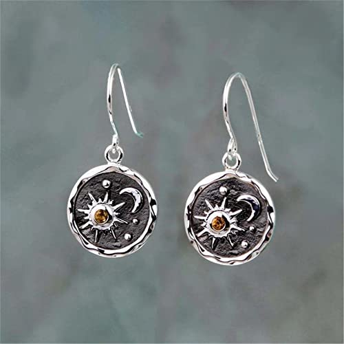 MALOYANVE Vintage Sun and Moon Drop Dangle Earrings for Women Unique lightweight Handmade Retro Boho Antiqued Gold Silver Round Coin Earrings for Women Jewelry - color: Silver Earrings and Necklace