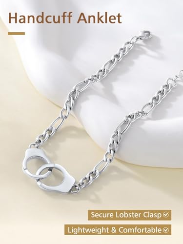FindChic Stainless Steel Ankle Bracelets for Women, Waterproof Figaro/Cuban/Box/Beaded Chain Anklets, Summer Beach Foot Jewelry, 8.5''-10.5'' Adjustable Length, with Gift Box - style: HankCuff-Silver
