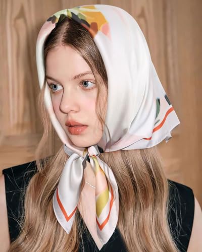 AWAYTR 27.5” Square Satin Head Scarf Hair Scarf for Women's Hair Silk Bandana for Women Silk Head Wrap for Sleeping - color: Flowers (Light Pink + White)