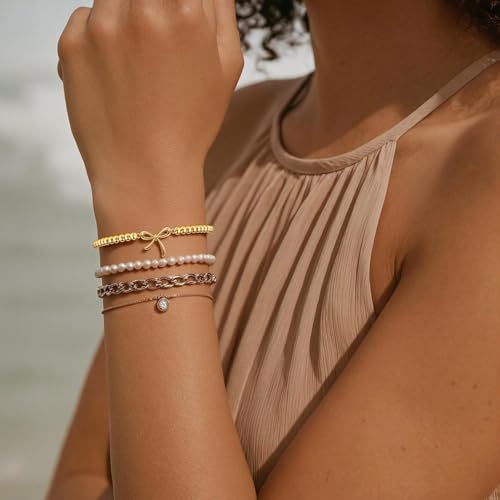 Elastic Beaded Charm Bracelets for Women - Adjustable Stackable Dainty Bracelet with Gold or Silver Charms, Jewelry Gift for Her - style: Gold-Bow