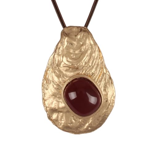 GelConnie Leather Necklace for Women Large Pendant Long Brown Necklace Circle Leather Choker Vintage Sweater Necklace Gold Chunky Boho Necklaces for Women - style: Large Red Stone Necklace