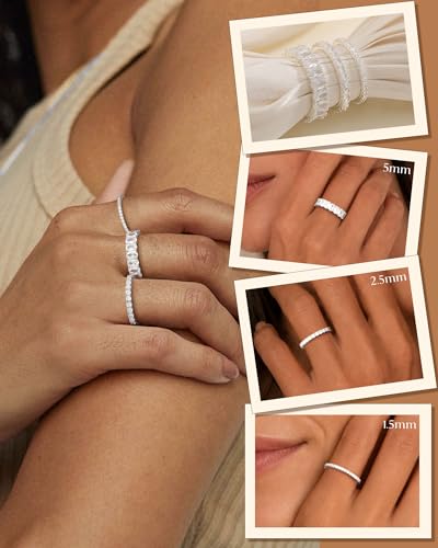 Silver Gold Rings for Women Non Tarnish 14K Gold Plated Stackable Rings for Women Stacking Thumb Pinky Eternity Cubic Zirconia Engagement Wedding Band Ring Set Woman Jewelry 1.5mm 2.5mm 5mm - color: D-Silver Cubic Zirconia Rings