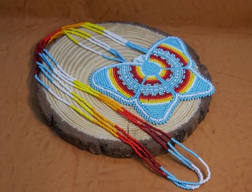 Handmade Native American Style Tribal ethnic Seed Bead Beaded Layered Medallion Necklace #1 - color: Butterfly Skyblue